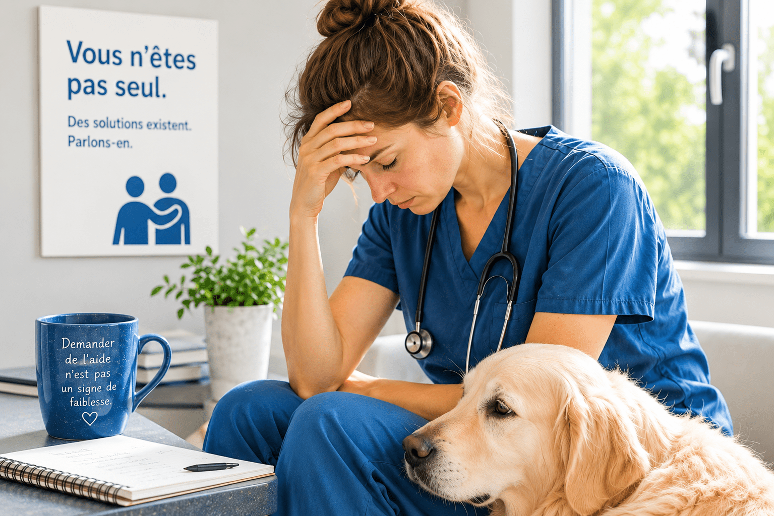 Femme médecin avec un chien triste.